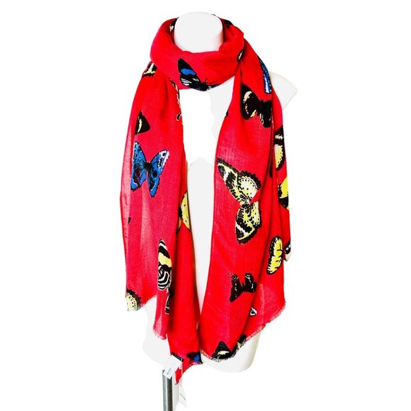 J. Crew Linen Blend Butterfly Print Red Scarf  - NWT - Picture 2 of 7